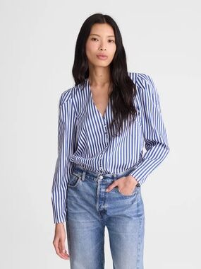 BNWT NEW Women's Madewell Stacked-Button V-Neck Striped Shirt in Poplin X-LARGE!